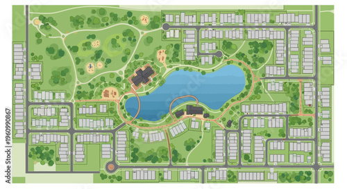Suburban Community Master Plan Vector Illustration. Top-down view of a residential neighborhood with central lake, parkland, playgrounds, and sustainable urban design.