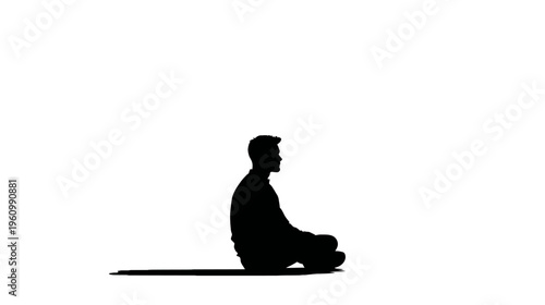 Silhouette of a man meditating or relaxing cross-legged on a pure white background, embodying peace, mindfulness, and tranquility.