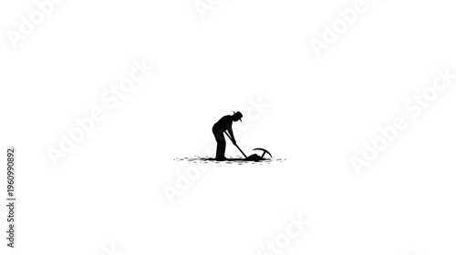 Black silhouette of a person farming or gardening with a hoe in a field, symbolizing agriculture, rural labor, and harvest.