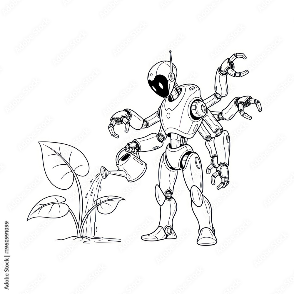 Obraz premium Multi-armed robot watering a plant line art illustration