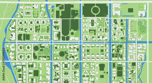 Aerial Top View of a Minimalist Green City Map for Urban Planning, Sustainable Infrastructure, and Architectural Design