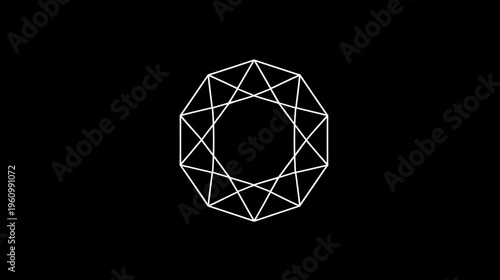 Minimalist white geometric polygonal star shape against a deep black background, abstract modern digital graphic design element