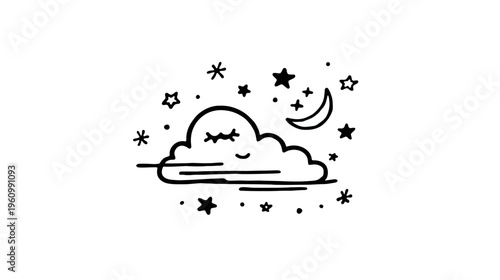 Cute Hand-Drawn Sleeping Cloud with Stars and Crescent Moon Doodle Illustration for Night, Dreams, and Peaceful Themes