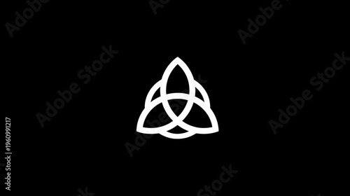 White Triquetra Celtic knot symbol on a black background. Abstract Trinity knot design element representing eternity, unity, and spirituality.