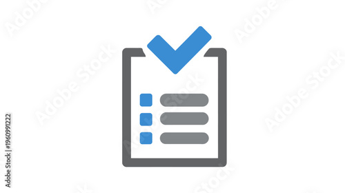 Vector icon of a checklist or to-do list with a blue checkmark, symbolizing task completion, success, approval, and verification.