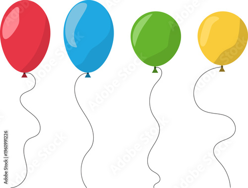 Colorful party balloons set with strings, vibrant red blue green and yellow balloon collection, festive celebration vector elements for birthday events isolated on Transparent Background