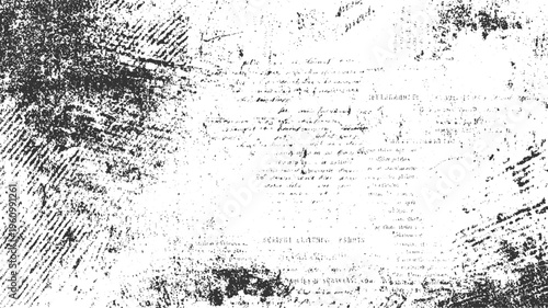 Black ink scribbles and smudges on distressed white paper with faint handwritten text abstract background