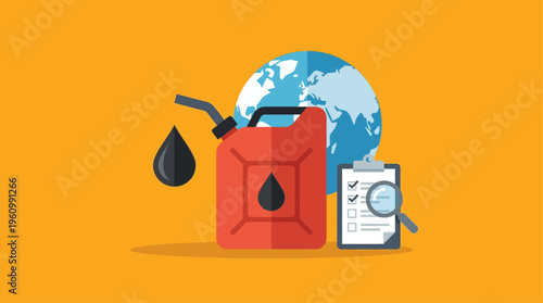 Flat vector illustration of global oil industry concept, red fuel container with black oil drop symbol