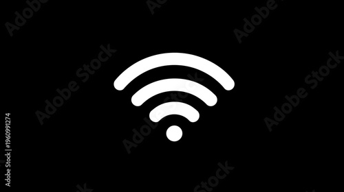 White Wi-Fi signal icon on a black background, symbolizing wireless internet connection, network, and digital communication technology