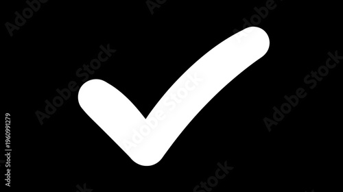 Clean white checkmark icon or tick symbol on a stark black background, representing approval, correctness, completion, success.