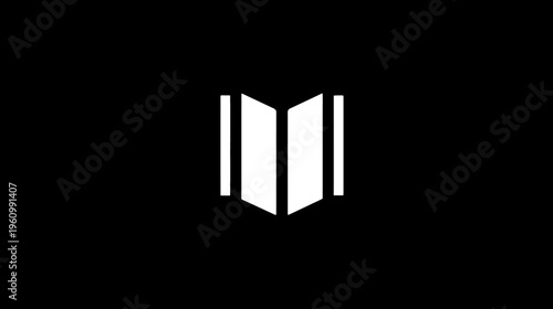 Minimalist white open book icon on black. Simple graphic illustration representing education, knowledge, learning, and literature.