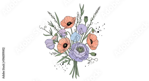 Colorful hand drawn floral bouquet illustration for various creative projects