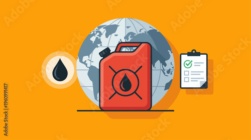 Flat vector illustration of global oil industry concept, red fuel container with black oil drop symbol