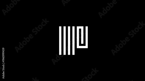 Modern geometric line art abstract design on black background, minimalist digital pattern, technology concept, stylized letter or symbol.
