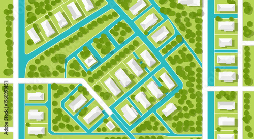Aerial View Vector Illustration of a Suburban Residential Neighborhood Map with Houses, Trees and Green Spaces