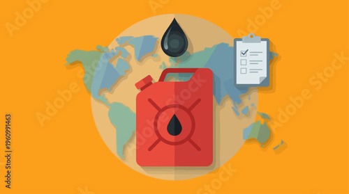 Flat vector illustration of global oil industry concept, red fuel container with black oil drop symbol