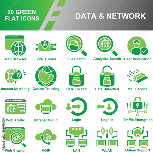 20 Green Data and Network Flat Icons Set – Web Browser, VPN Tunnel, File Search, Analytics, User Verification, Internet Marketing, Cookie Tracking, Data Security, Cloud, LAN, WLAN, VOIP, Online Suppor