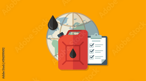 Flat vector illustration of global oil industry concept, red fuel container with black oil drop symbol
