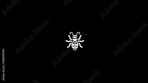 Simple white outline insect icon on black background, minimalistic graphic design element of a beetle or ladybug.