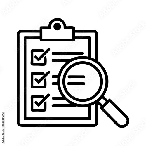 Magnifying glass over checklist on clipboard icon represents review process