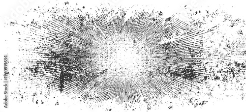 Black ink radial burst pattern with distressed speckle texture on white background abstract