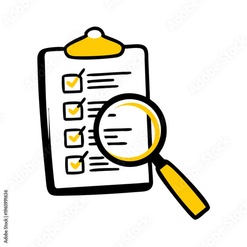 Hand drawn checklist with checkboxes and magnifier magnifying glass for approval or completion