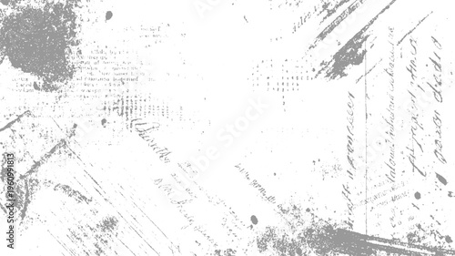 Faded grey ink script on distressed white paper with textured splotches and diagonal lines writing