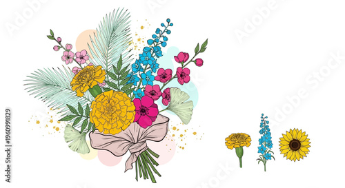 Colorful hand drawn floral bouquet with extra flowers and leaves on white background