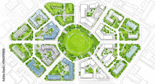 Aerial View of a Sustainable Circular Urban Planning Master Plan Illustration with Green Spaces and Residential Blocks
