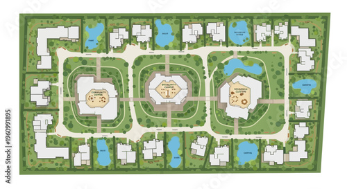 Architectural Master Plan of a Sustainable Residential Community with Green Spaces, Community Centers, and Water Features