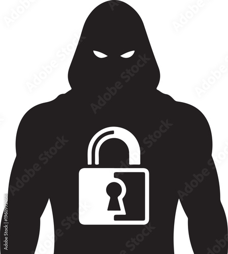Silhouette of a hooded figure with a padlock symbol on chest, security concept, black and white