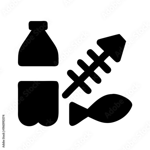 Black icon set of bottle with fish and fish bone on transparent background