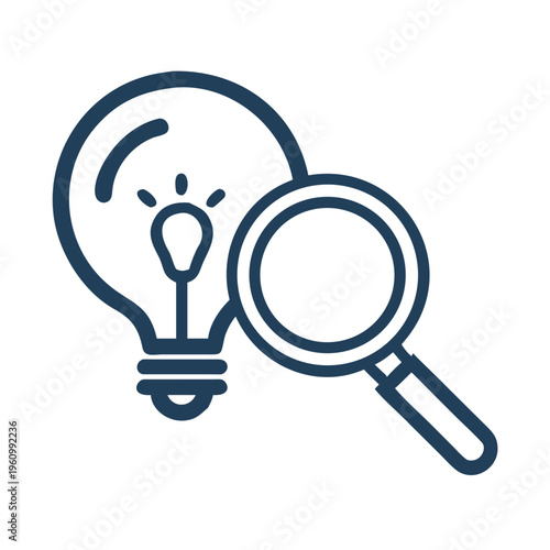 Blue line art icon of light bulb and magnifying glass, representing idea research and innovation concept