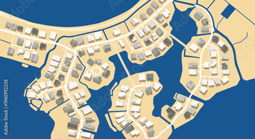Aerial View Illustration of a Minimalist Waterfront Residential Community and Urban Coastal Development
