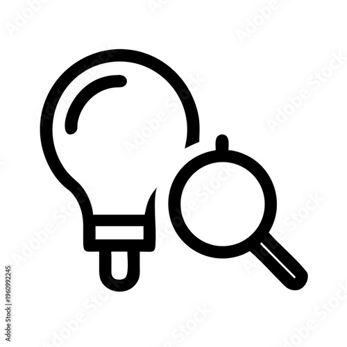 Line art icon of light bulb and magnifying glass, representing idea research and innovation concept