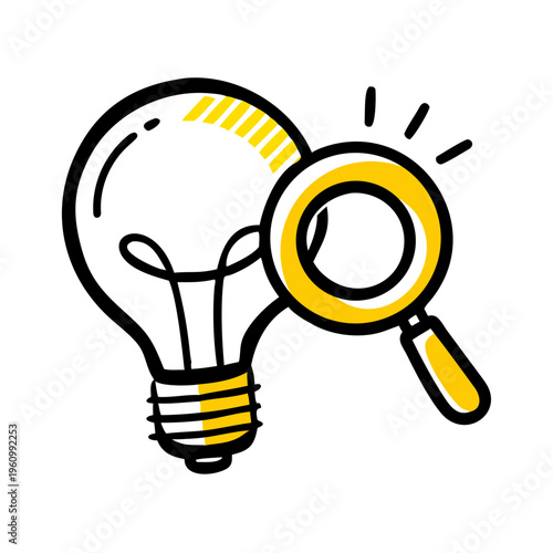 Doodle style light bulb and magnifying glass icon, representing idea search and innovation concept
