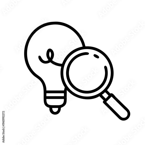 Line art icon of light bulb and magnifying glass, representing idea research and innovation concept