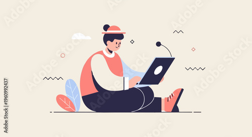 Person wearing a hat and headphones, seated, using a laptop with a microphone