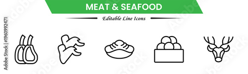 Meat and seafood icons depicting steaks, fish, shrimp, chicken, fillets, shellfish, cooking, grilling, freshness, protein, nutrition, butchery, cuisine, preparation, and ingredients.
