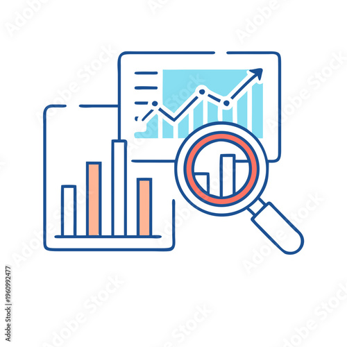 Business analytics icon, charts and graphs with magnifying glass, data analysis symbol