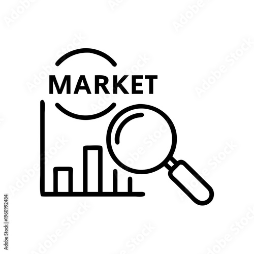 Market analysis bar chart graph data with magnifying glass and text