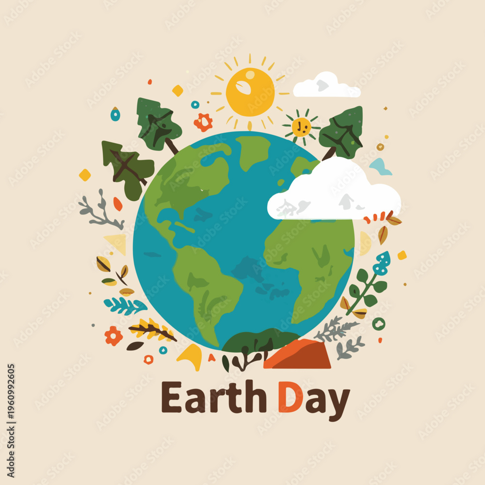 Naklejka premium Vector illustration of Earth Day in a flat design style, featuring a colorful and stylized depiction of the planet Earth, surrounded by lush green trees, vibrant blue oceans, and fluffy white clouds