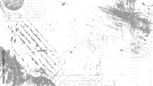 Faded grey grunge texture with handwritten script and ink splatters white abstract
