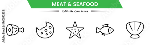 Meat and seafood icons depicting steaks, fish, shrimp, chicken, fillets, shellfish, cooking, grilling, freshness, protein, nutrition, butchery, cuisine, preparation, and ingredients.