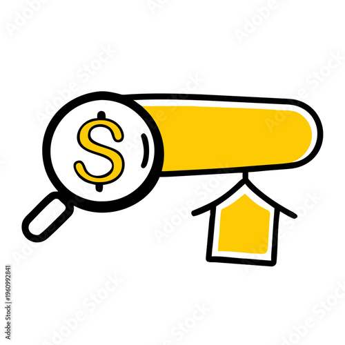 Magnifying glass with dollar sign and house icon over search bar