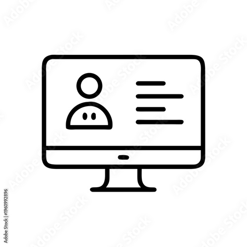 Computer screen with user profile and text lines simple line drawing