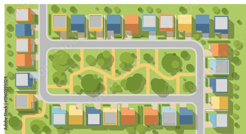 Top-Down Aerial View of a Modern Suburban Neighborhood with Colorful Houses, Central Park, and Green Spaces Plan - Flat Design Vector Illustration
