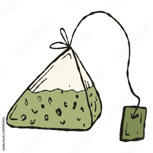 Boutique Hand-Drawn Pyramid Tea Bag. Artisan Loose Leaf Silk Sachet Vector for Premium Herbal Tea Branding