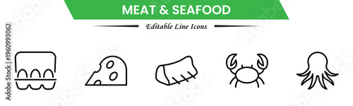 Meat and seafood icons depicting steaks, fish, shrimp, chicken, fillets, shellfish, cooking, grilling, freshness, protein, nutrition, butchery, cuisine, preparation, and ingredients.