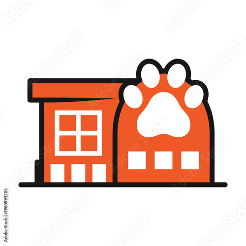 Pet friendly home or animal shelter with paw print on building welcoming atmosphere and vibrant orange color scheme